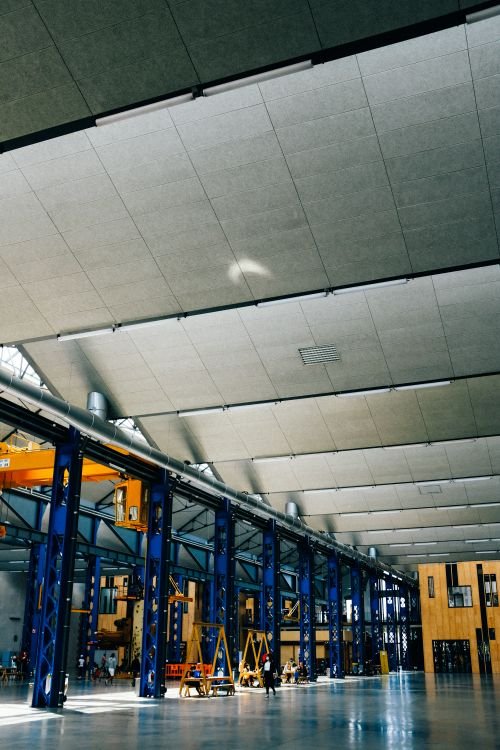 Spacious industrial warehouse interior with steel beams